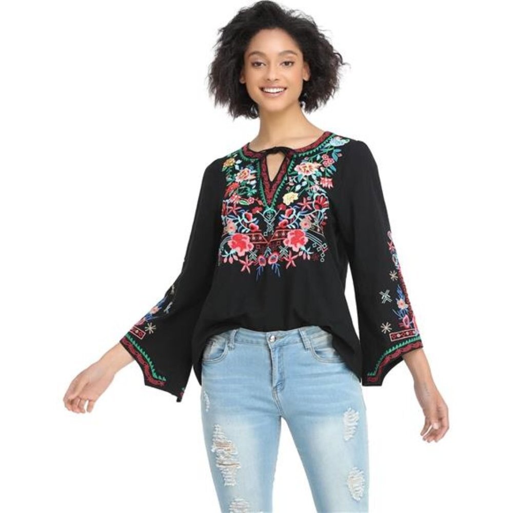 Black Floral Embroidered Long Sleeve Blouse Boho V Neck Tunic‎ Top - Picture 5 of 6